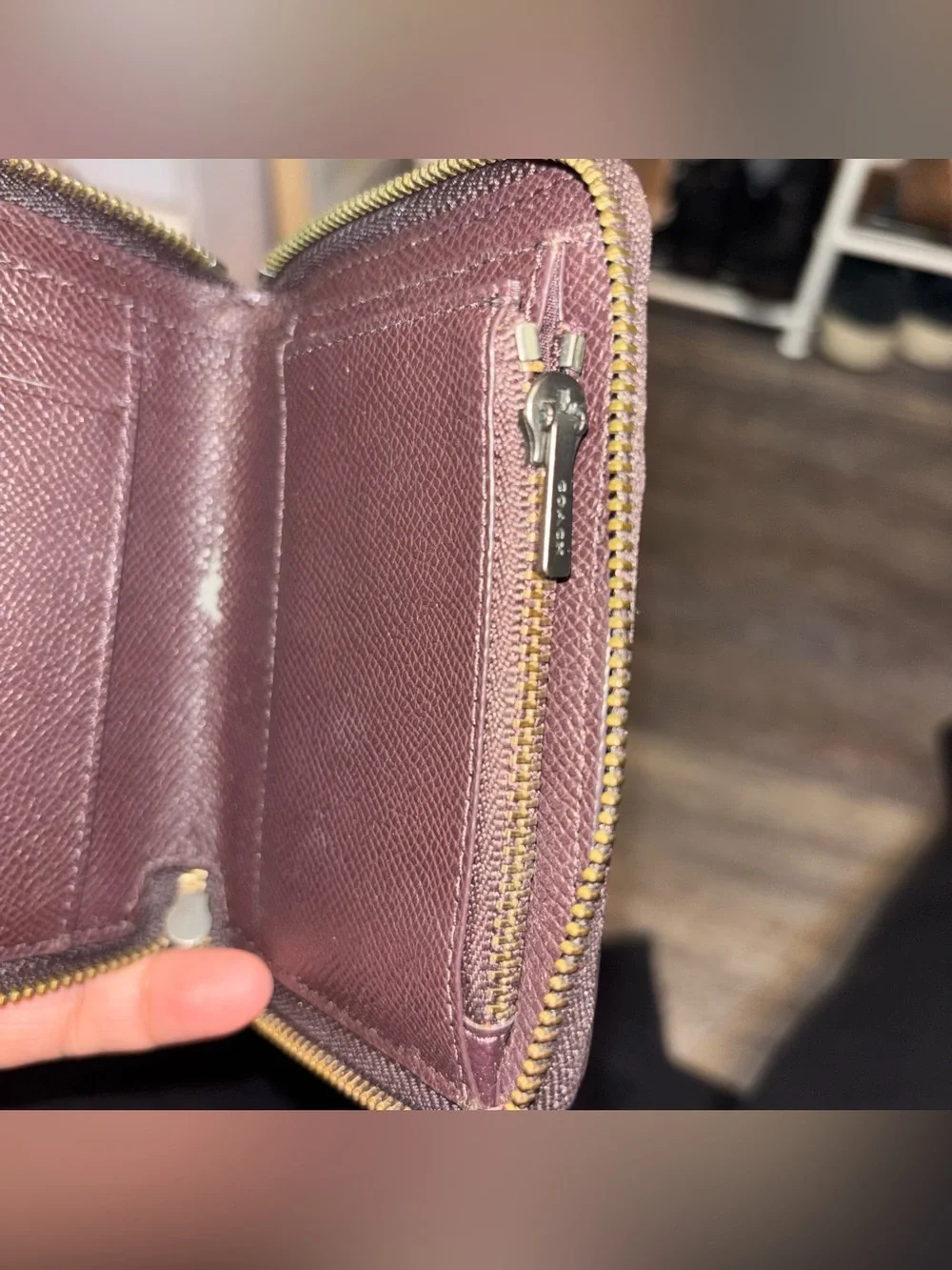 Coach Metallic Gold Crossgrain Leather Zip Around Wallet Small Compact Burgundy
